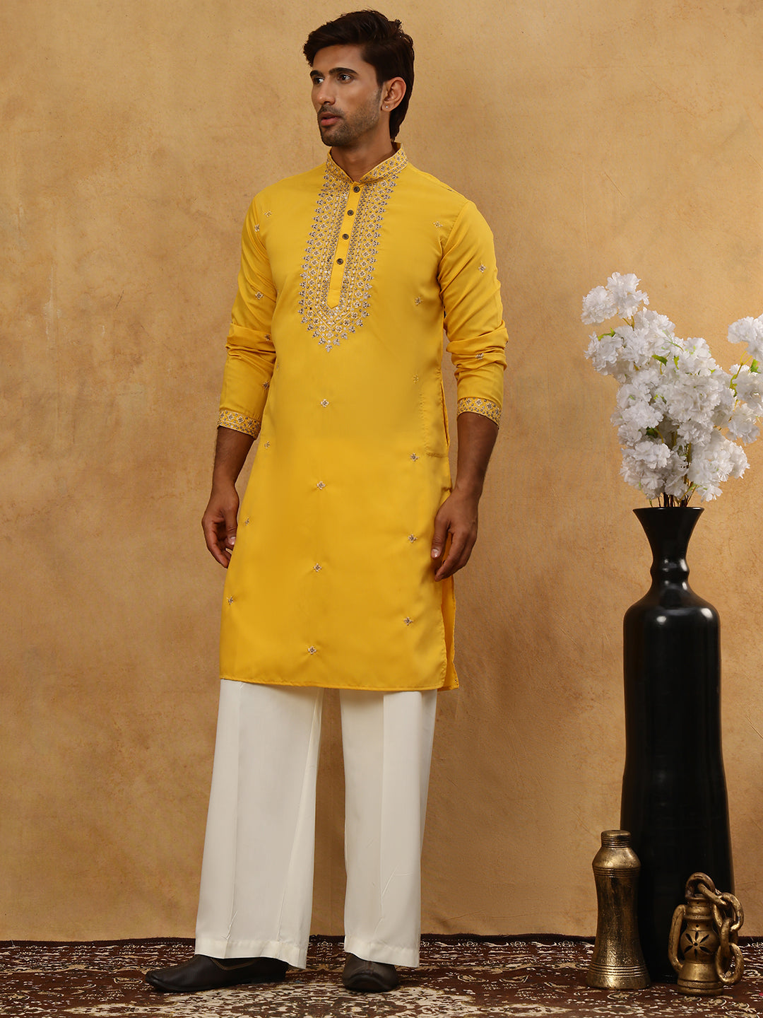 DesiQlo Men Embroidered Kurta Pyjama Set - Yellow - JOKP_PJ11W_5046Yel