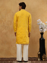 Men’s Silk Blend Embroidered Kurta Pyjama Set ( JOKP PJ11W 5046Yellow )