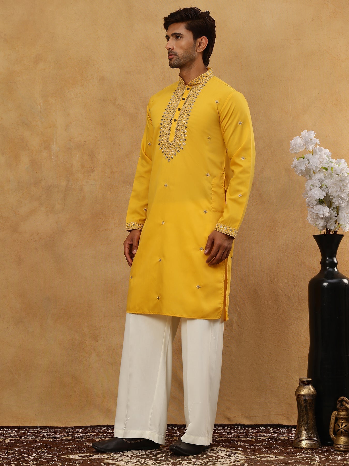 DesiQlo Men Embroidered Kurta Pyjama Set - Yellow - JOKP_PJ11W_5046Yel