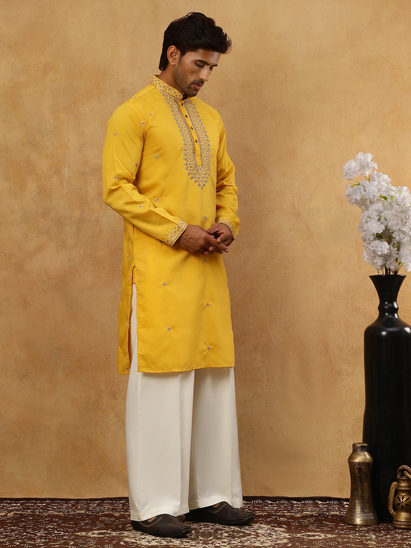 DesiQlo Men Embroidered Kurta Pyjama Set - Yellow - JOKP_PJ11W_5046Yel