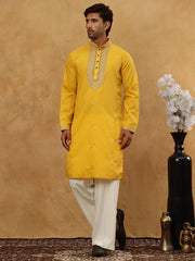 Men’s Silk Blend Embroidered Kurta Pyjama Set ( JOKP PJ11W 5046Yellow )