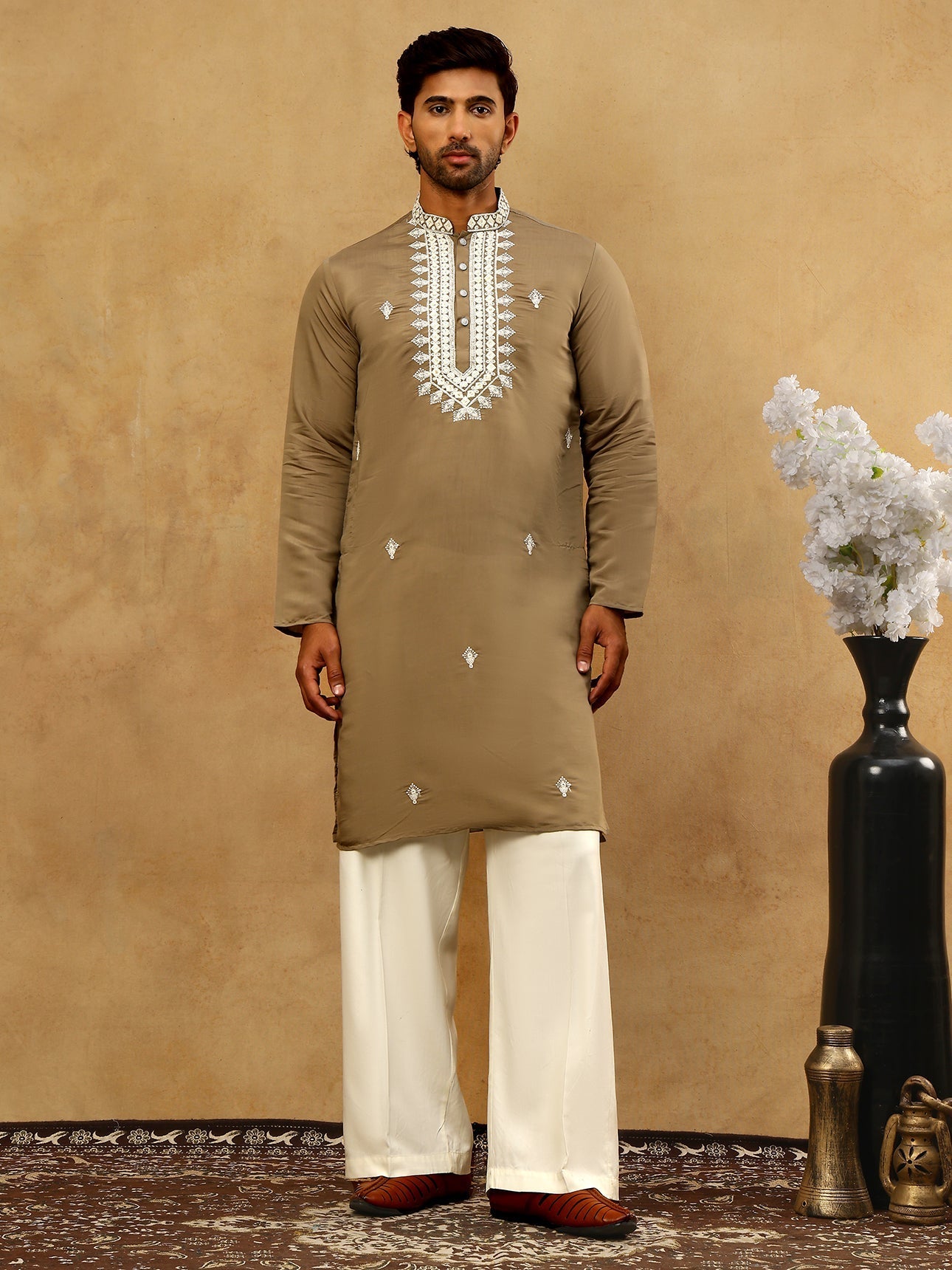 DesiQlo Men Embroidered Kurta Pyjama Set - Beige - JOKP_PJ11W_5075Beig
