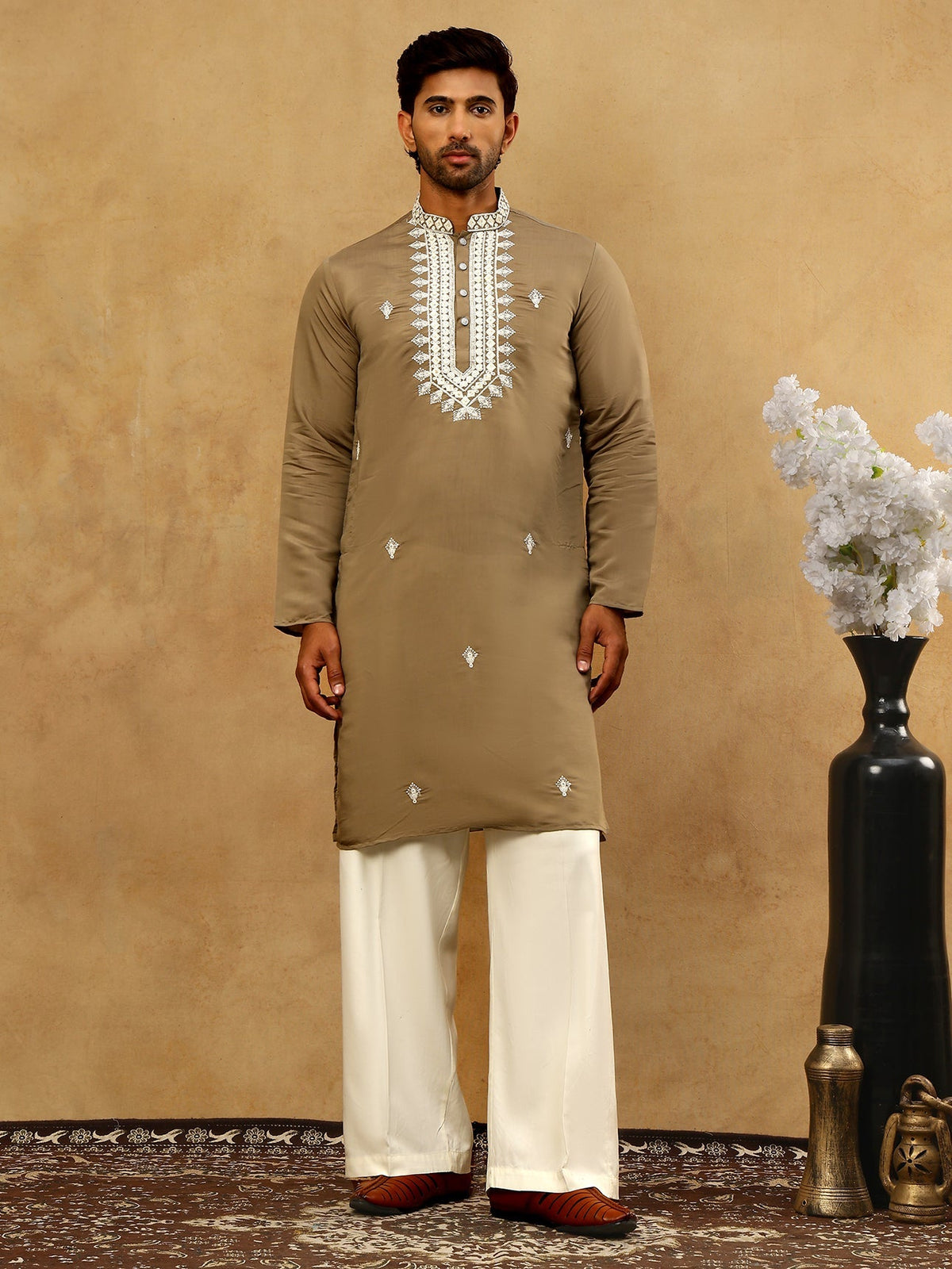 Silk Blend Embroidered Ethnic Kurta Pyjama Set ( JOKP PJ11W 5075Beige )