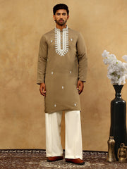 Silk Blend Embroidered Ethnic Kurta Pyjama Set ( JOKP PJ11W 5075Beige )