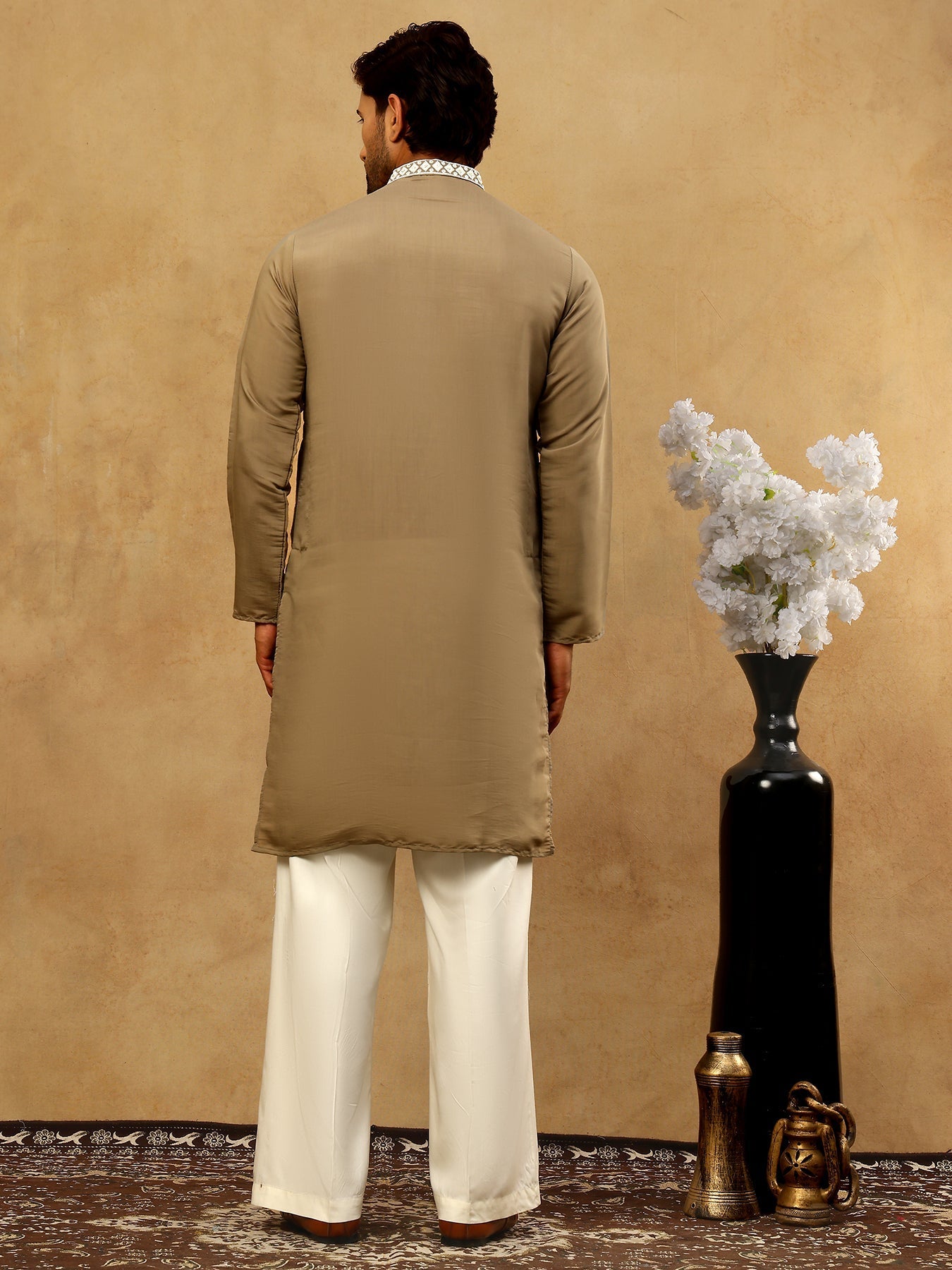 DesiQlo Men Embroidered Kurta Pyjama Set - Beige - JOKP_PJ11W_5075Beig