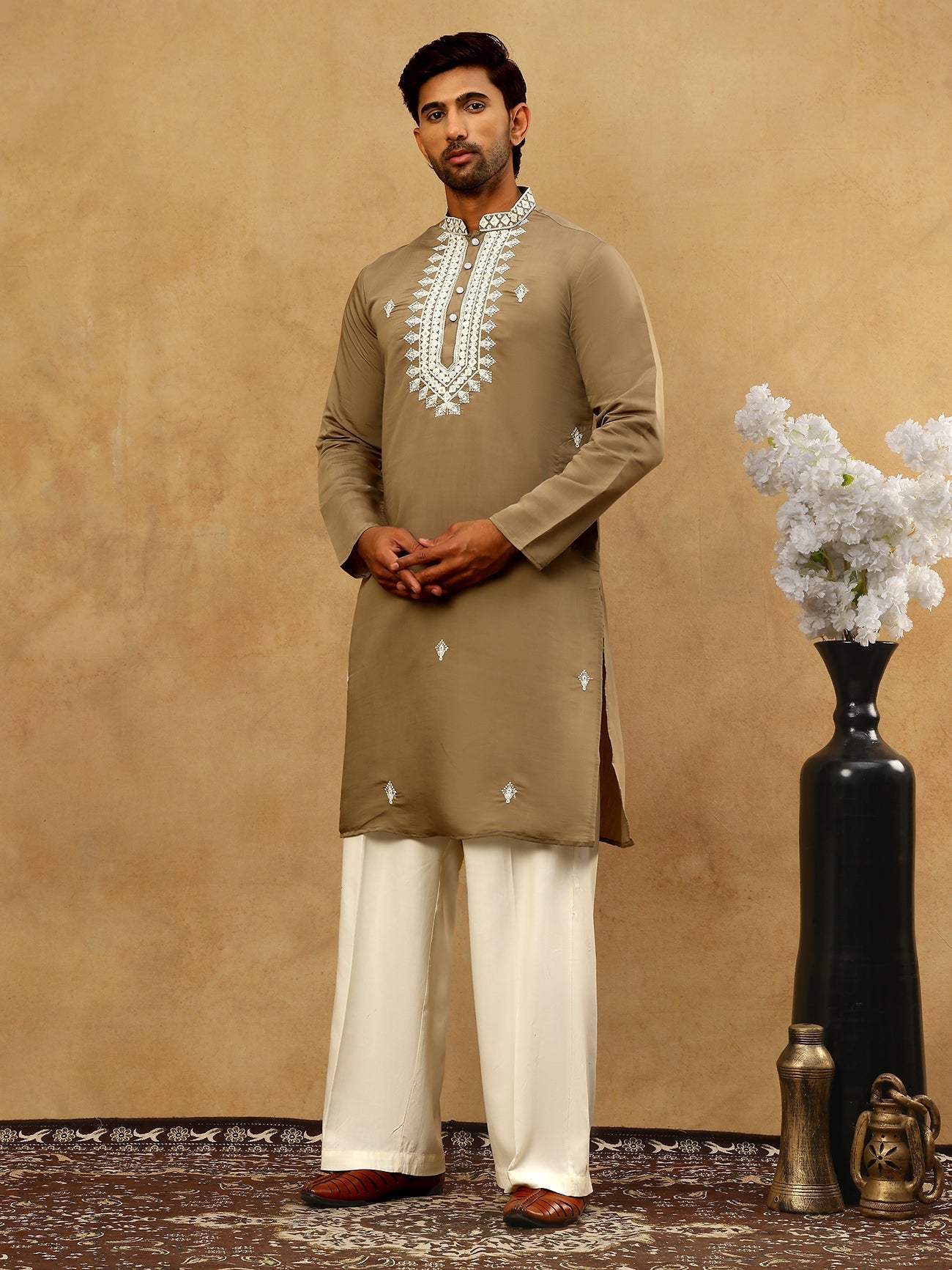 DesiQlo Men Embroidered Kurta Pyjama Set - Beige - JOKP_PJ11W_5075Beig