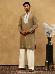Silk Blend Embroidered Ethnic Kurta Pyjama Set ( JOKP PJ11W 5075Beige )