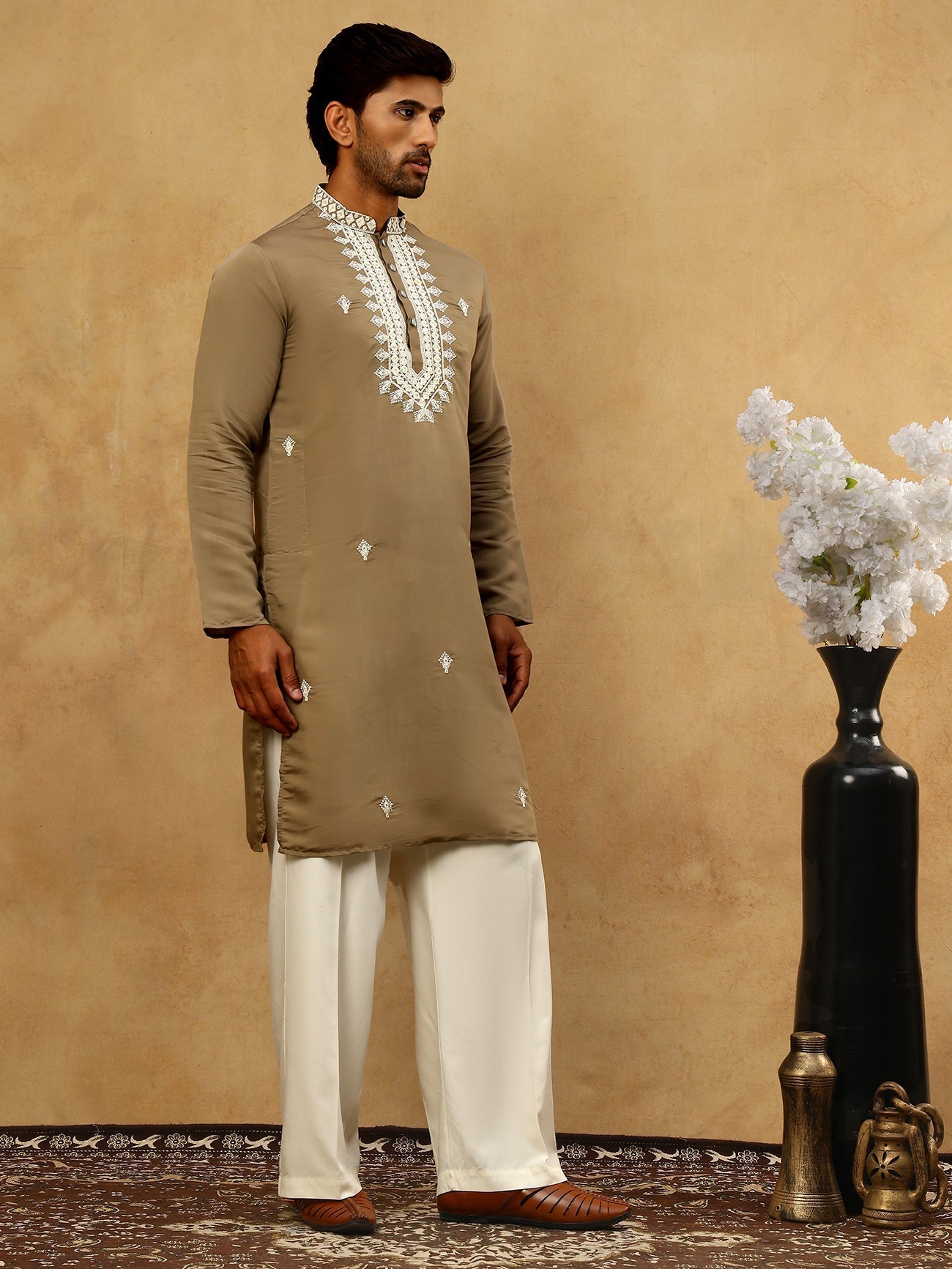 DesiQlo Men Embroidered Kurta Pyjama Set - Beige - JOKP_PJ11W_5075Beig