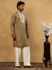 Silk Blend Embroidered Ethnic Kurta Pyjama Set ( JOKP PJ11W 5075Beige )