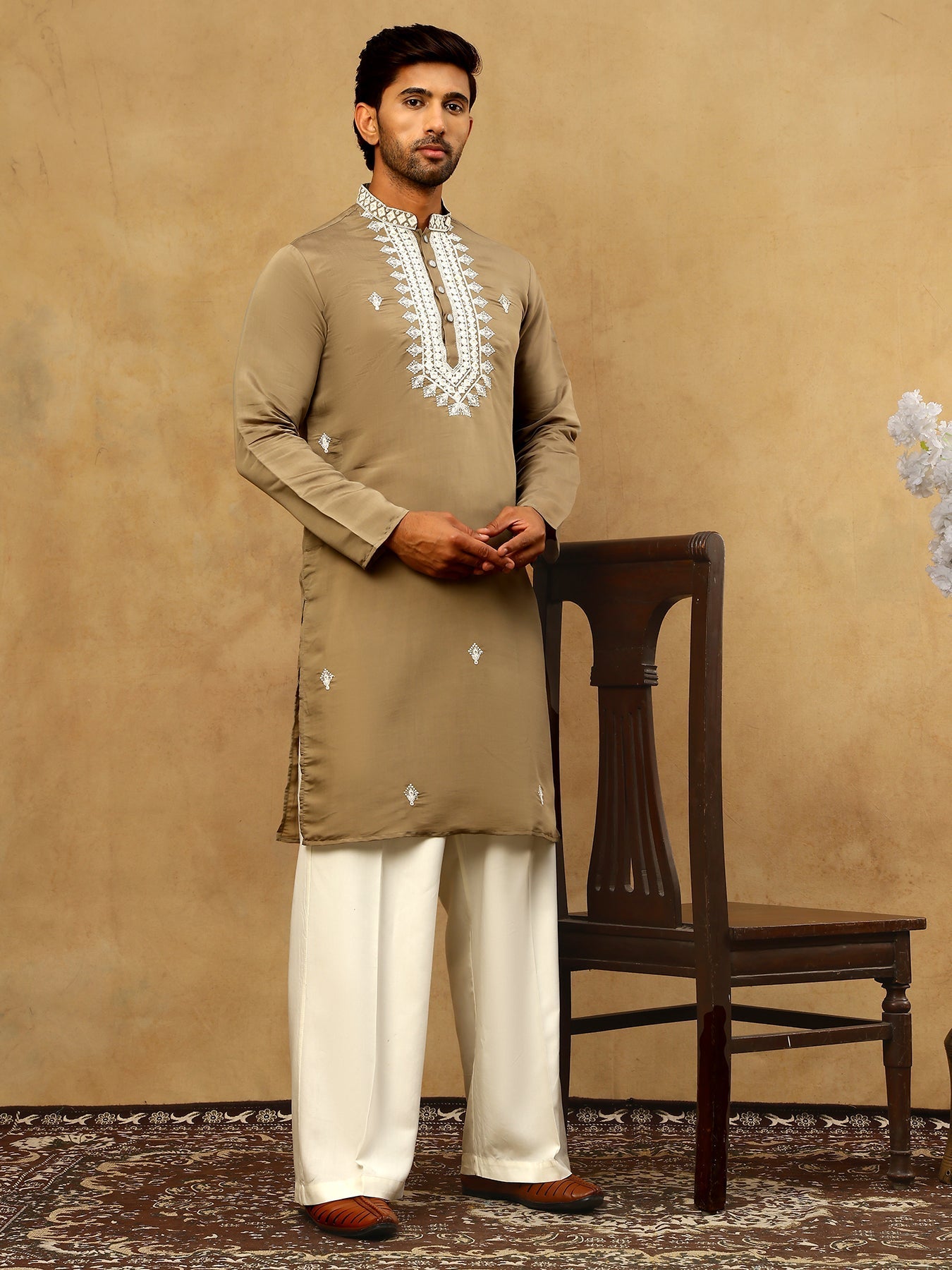 DesiQlo Men Embroidered Kurta Pyjama Set - Beige - JOKP_PJ11W_5075Beig