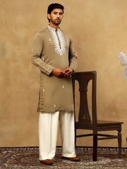Silk Blend Embroidered Ethnic Kurta Pyjama Set ( JOKP PJ11W 5075Beige )