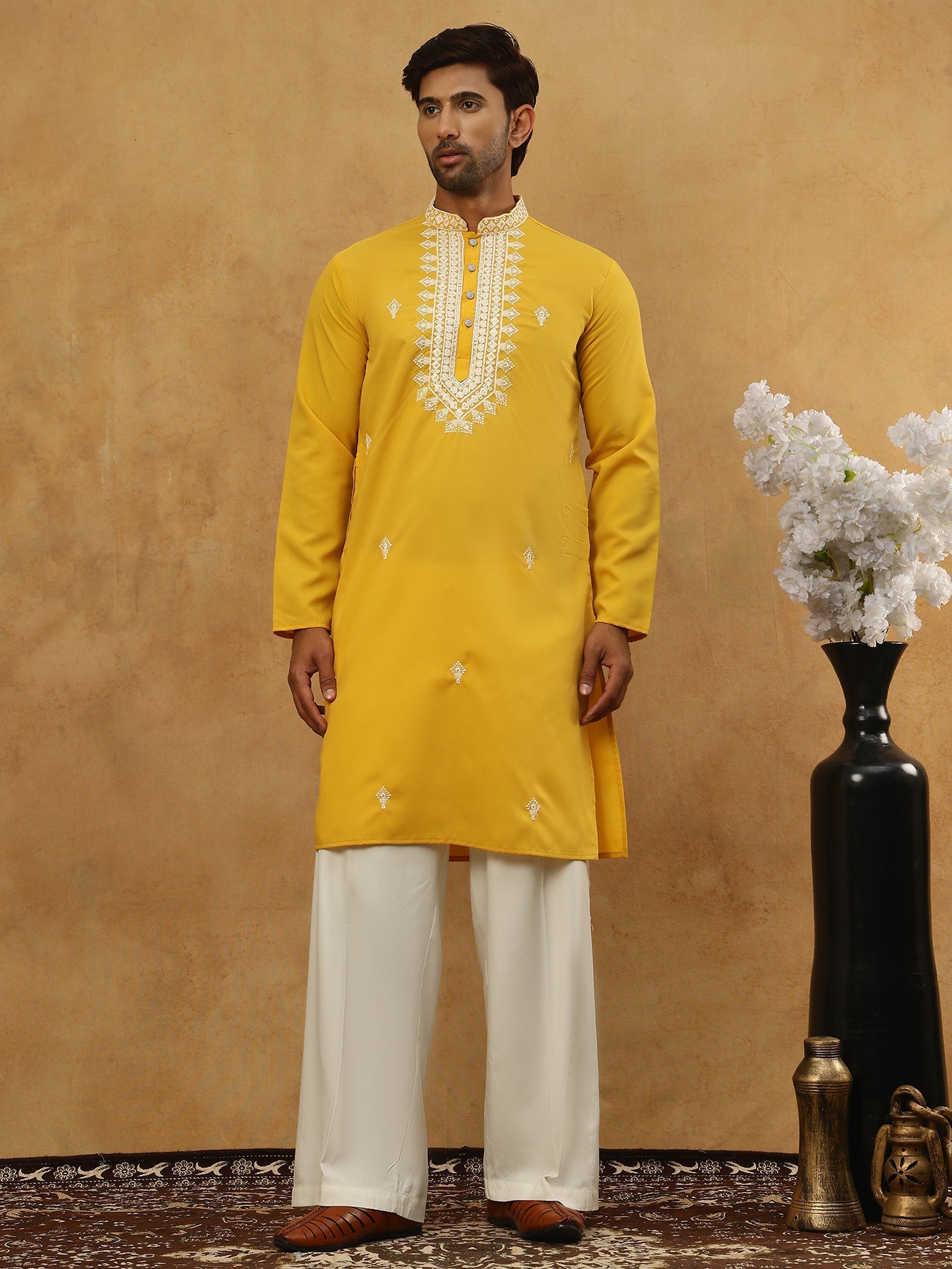 DesiQlo Men Embroidered Kurta Pyjama Set - Yellow - JOKP_PJ11W_5075Mus