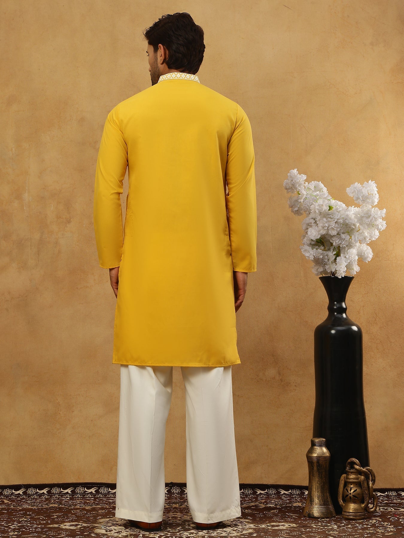 DesiQlo Men Embroidered Kurta Pyjama Set - Yellow - JOKP_PJ11W_5075Mus