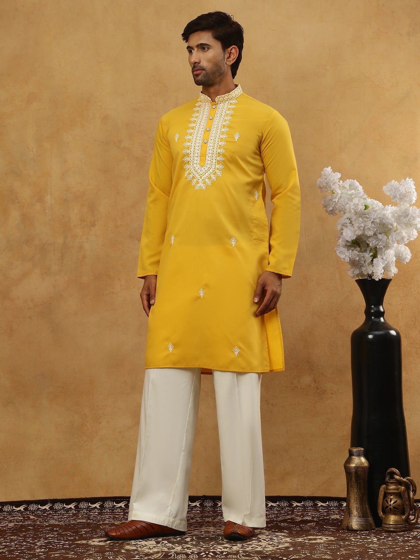 DesiQlo Men Embroidered Kurta Pyjama Set - Yellow - JOKP_PJ11W_5075Mus