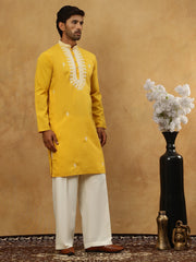 Silk Blend Embroidered Ethnic Kurta Pyjama Set ( JOKP PJ11W 5075Mustard )