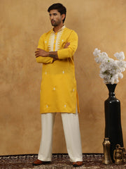Silk Blend Embroidered Ethnic Kurta Pyjama Set ( JOKP PJ11W 5075Mustard )