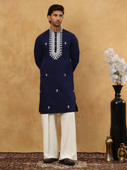 Silk Blend Embroidered Ethnic Kurta Pyjama Set ( JOKP PJ11W 5075Navy )