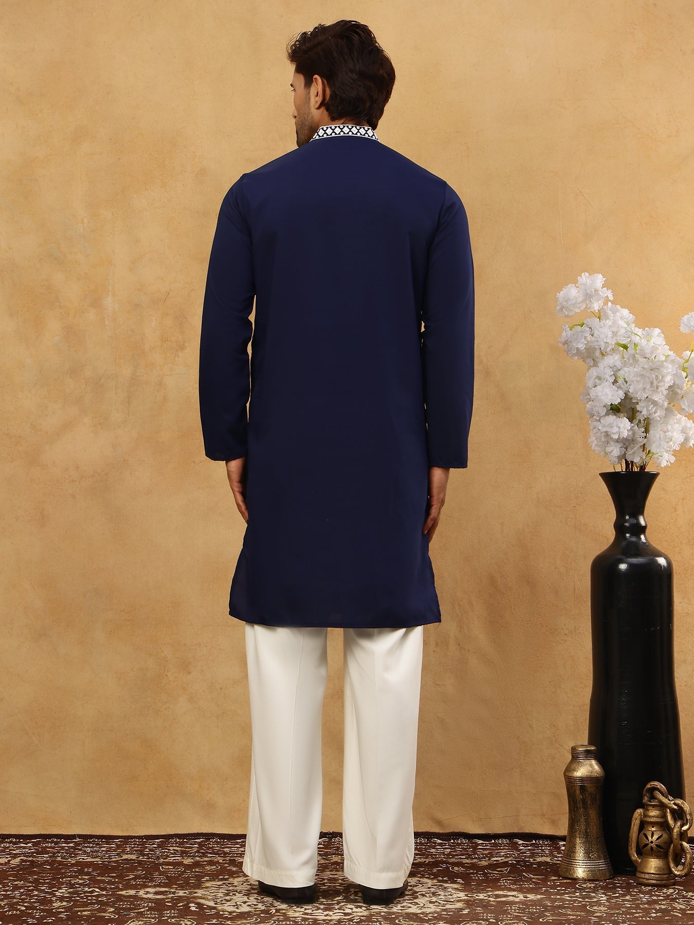 DesiQlo Men Embroidered Kurta Pyjama Set - Blue - JOKP_PJ11W_5075Navy_