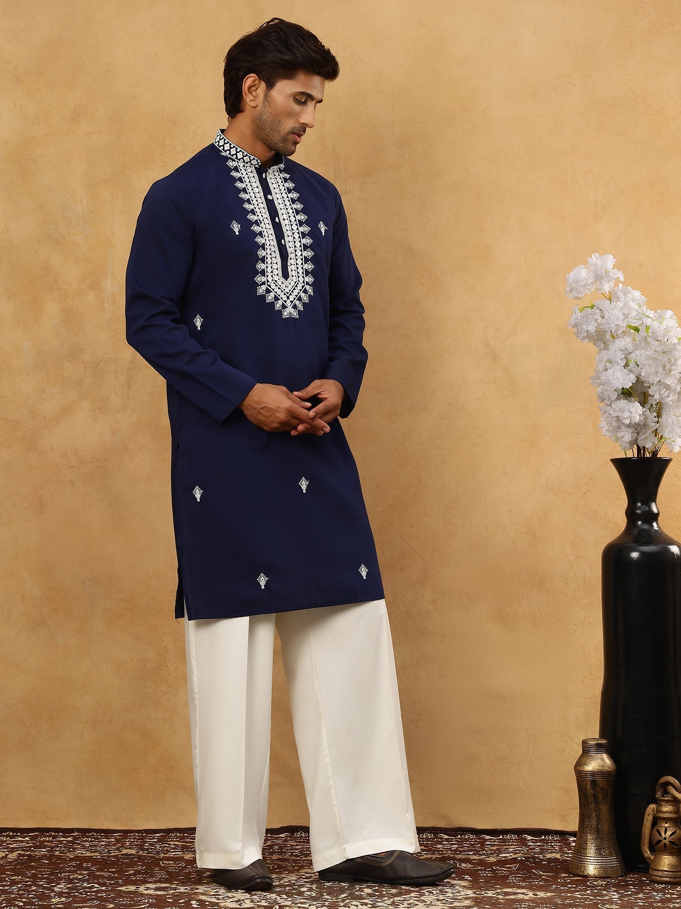 DesiQlo Men Embroidered Kurta Pyjama Set - Blue - JOKP_PJ11W_5075Navy_