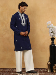Silk Blend Embroidered Ethnic Kurta Pyjama Set ( JOKP PJ11W 5075Navy )