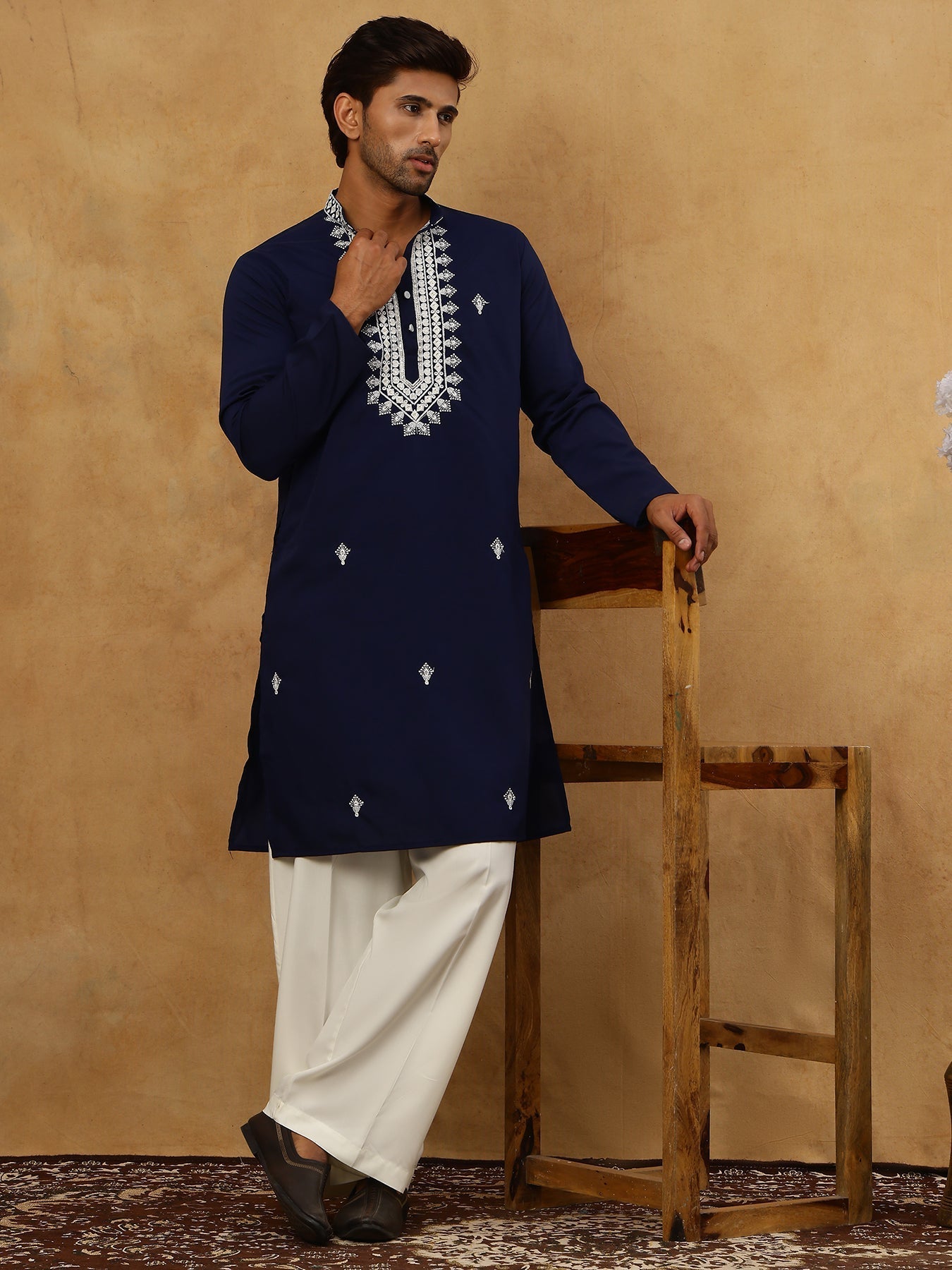DesiQlo Men Embroidered Kurta Pyjama Set - Blue - JOKP_PJ11W_5075Navy_