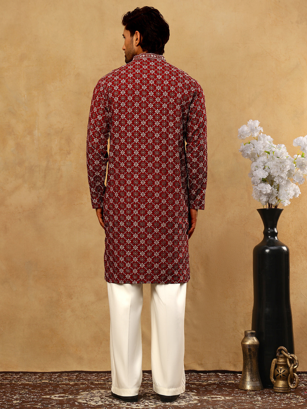 DesiQlo Men Embroidered Kurta Pyjama Set - Maroon - JOKP_PJ11W_5127Mar