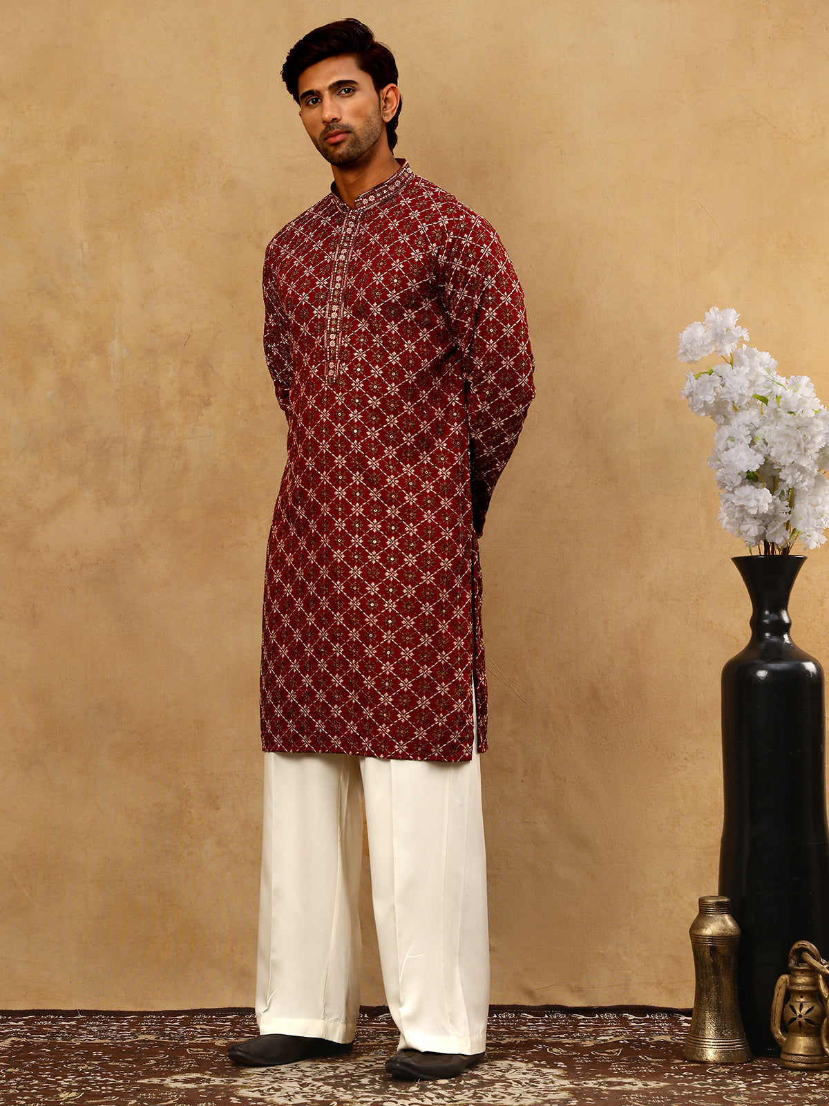 DesiQlo Men Embroidered Kurta Pyjama Set - Maroon - JOKP_PJ11W_5127Mar