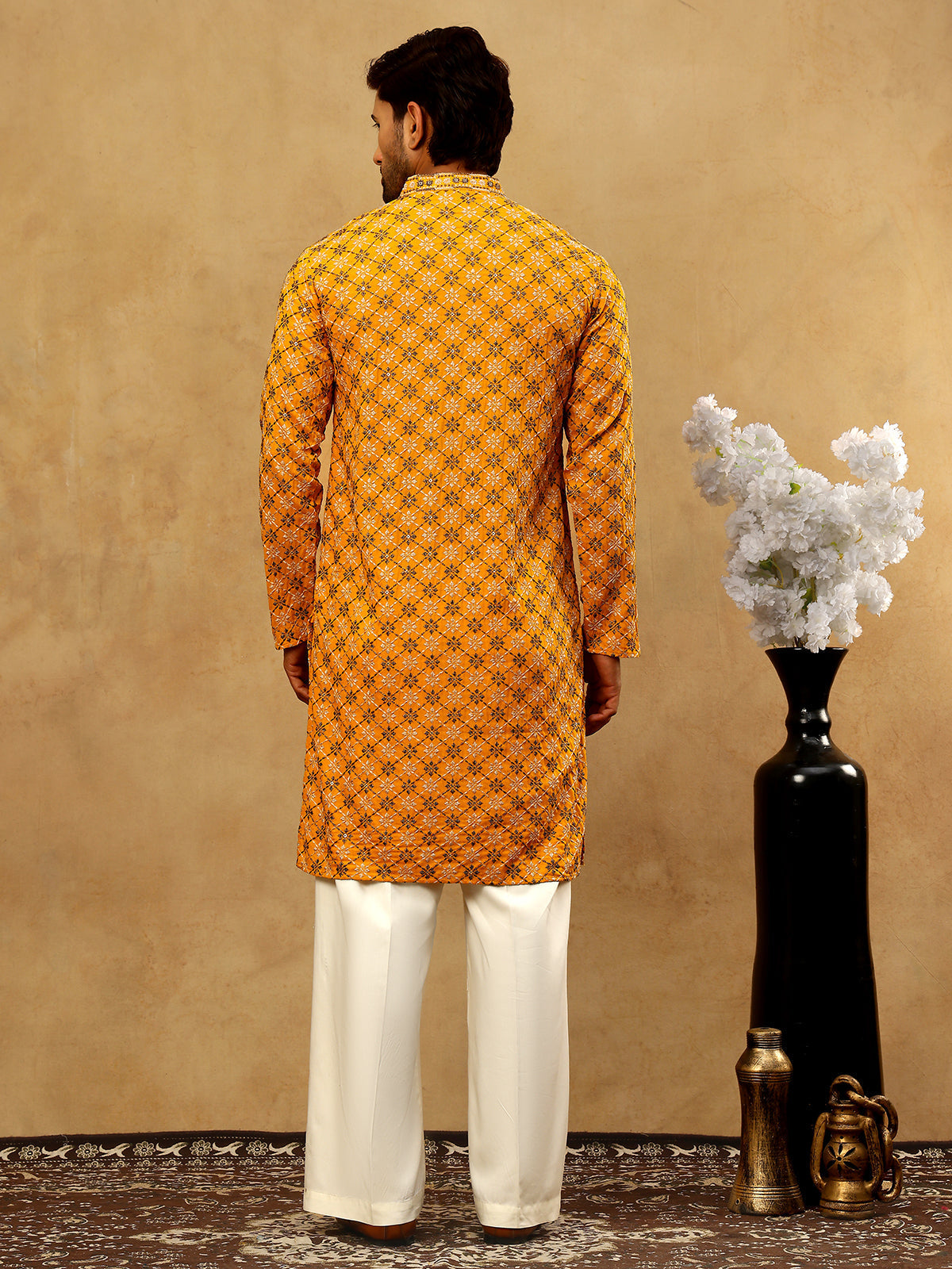 DesiQlo Men Embroidered Kurta Pyjama Set - Yellow - JOKP_PJ11W_5127Mus