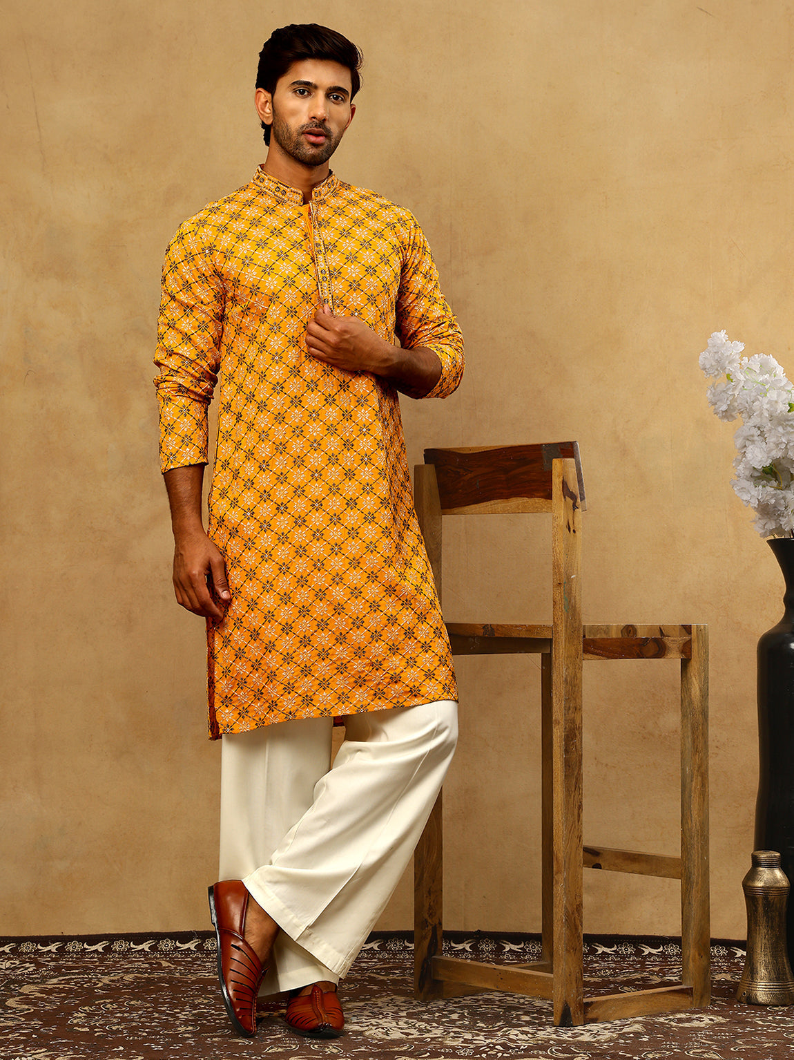 DesiQlo Men Embroidered Kurta Pyjama Set - Yellow - JOKP_PJ11W_5127Mus