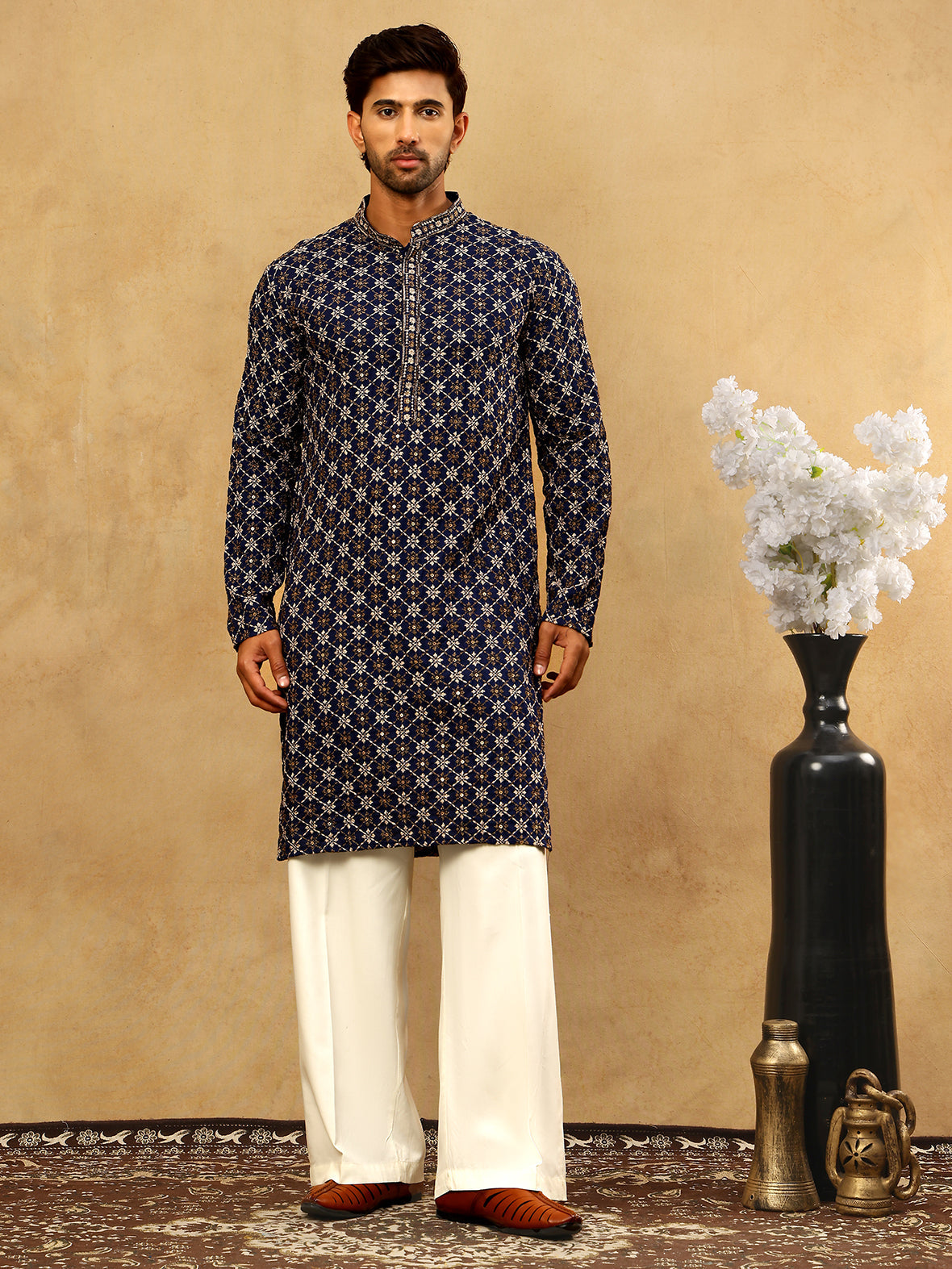 Viscose Rayon Embroidered Sequin Kurta Pyjama ( JOKP PJ11W 5127Navy )