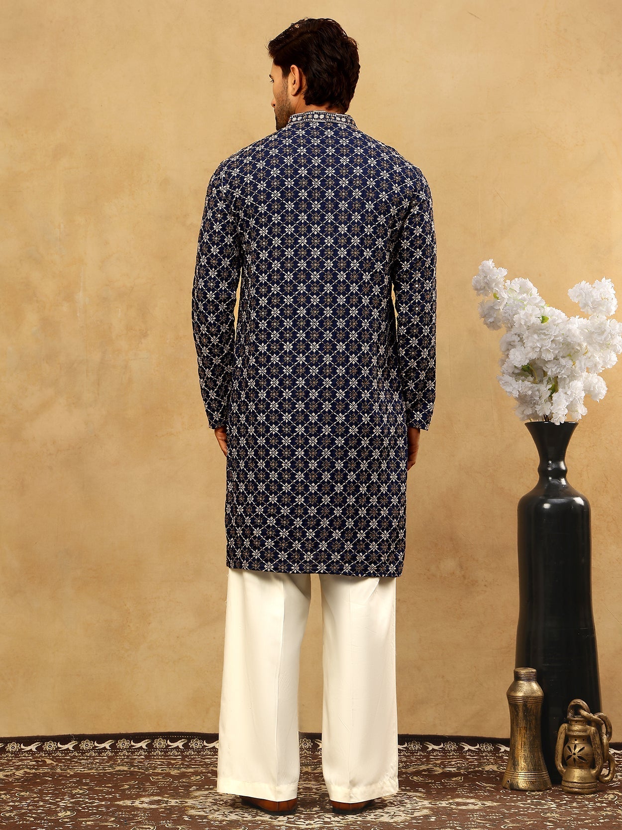 DesiQlo Men Embroidered Kurta Pyjama Set - Blue - JOKP_PJ11W_5127Navy_