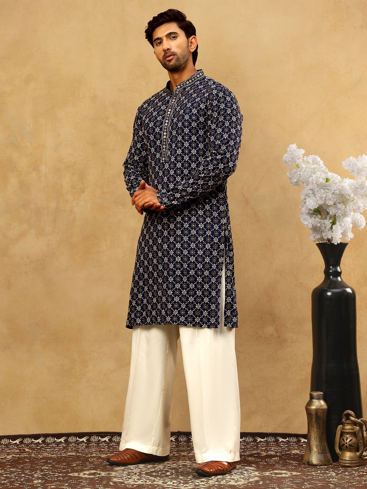 DesiQlo Men Embroidered Kurta Pyjama Set - Blue - JOKP_PJ11W_5127Navy_
