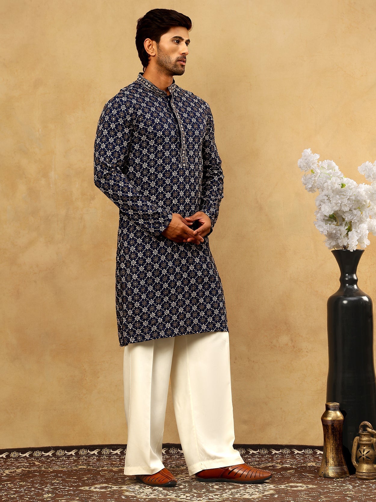 DesiQlo Men Embroidered Kurta Pyjama Set - Blue - JOKP_PJ11W_5127Navy_