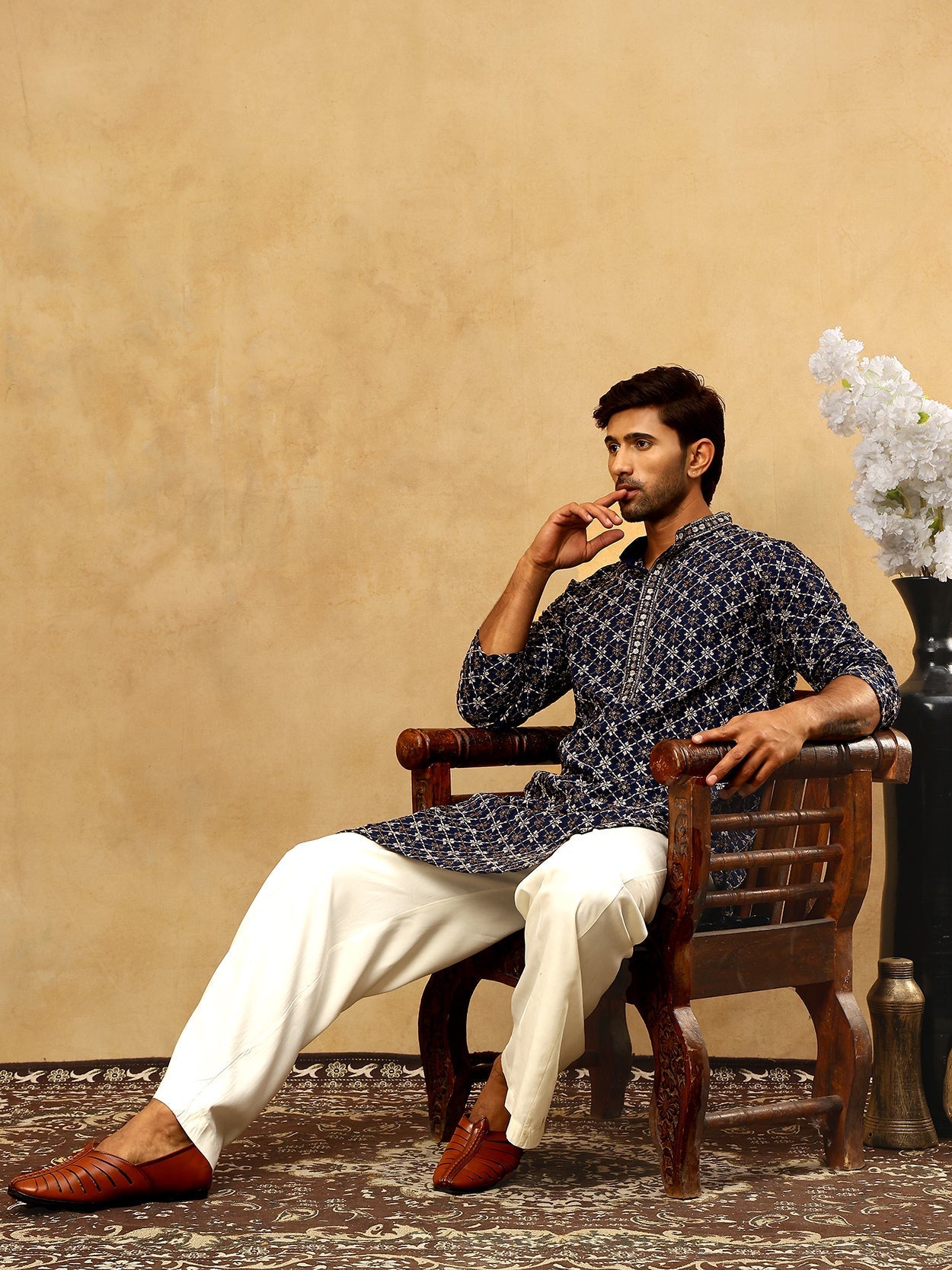 DesiQlo Men Embroidered Kurta Pyjama Set - Blue - JOKP_PJ11W_5127Navy_