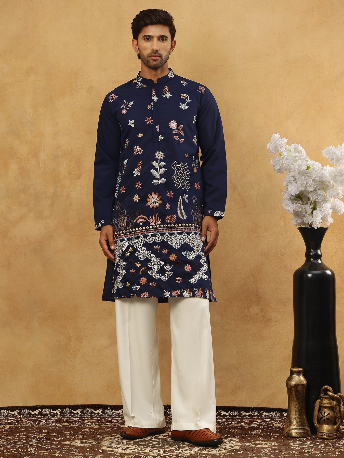 DesiQlo Men Embroidered Kurta Pyjama Set - Blue - JOKP_PJ11W_5140Navy_