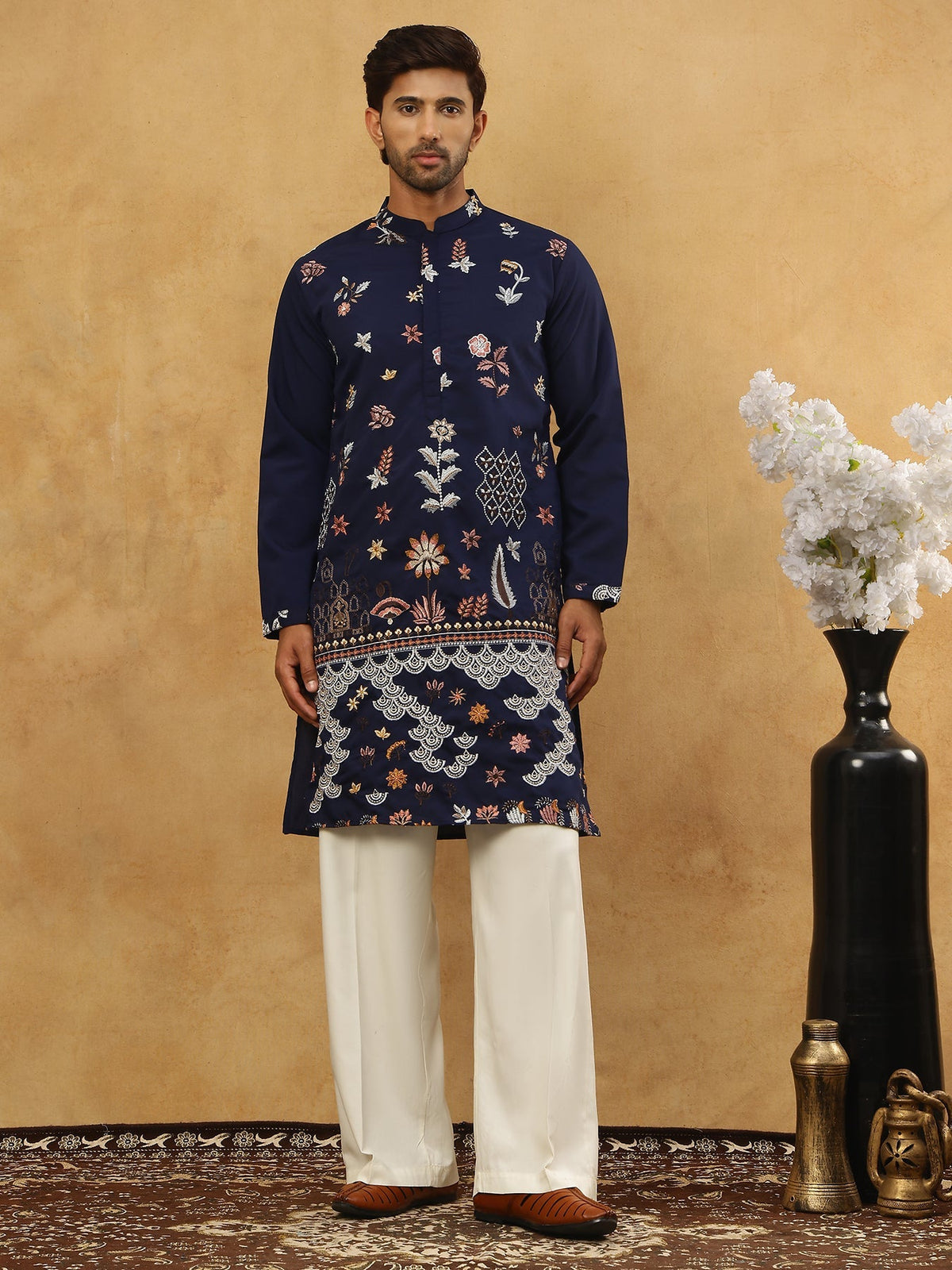 Silk Blend Floral Embroidered Kurta Pyjama Set ( JOKP PJ11W 5140Navy )