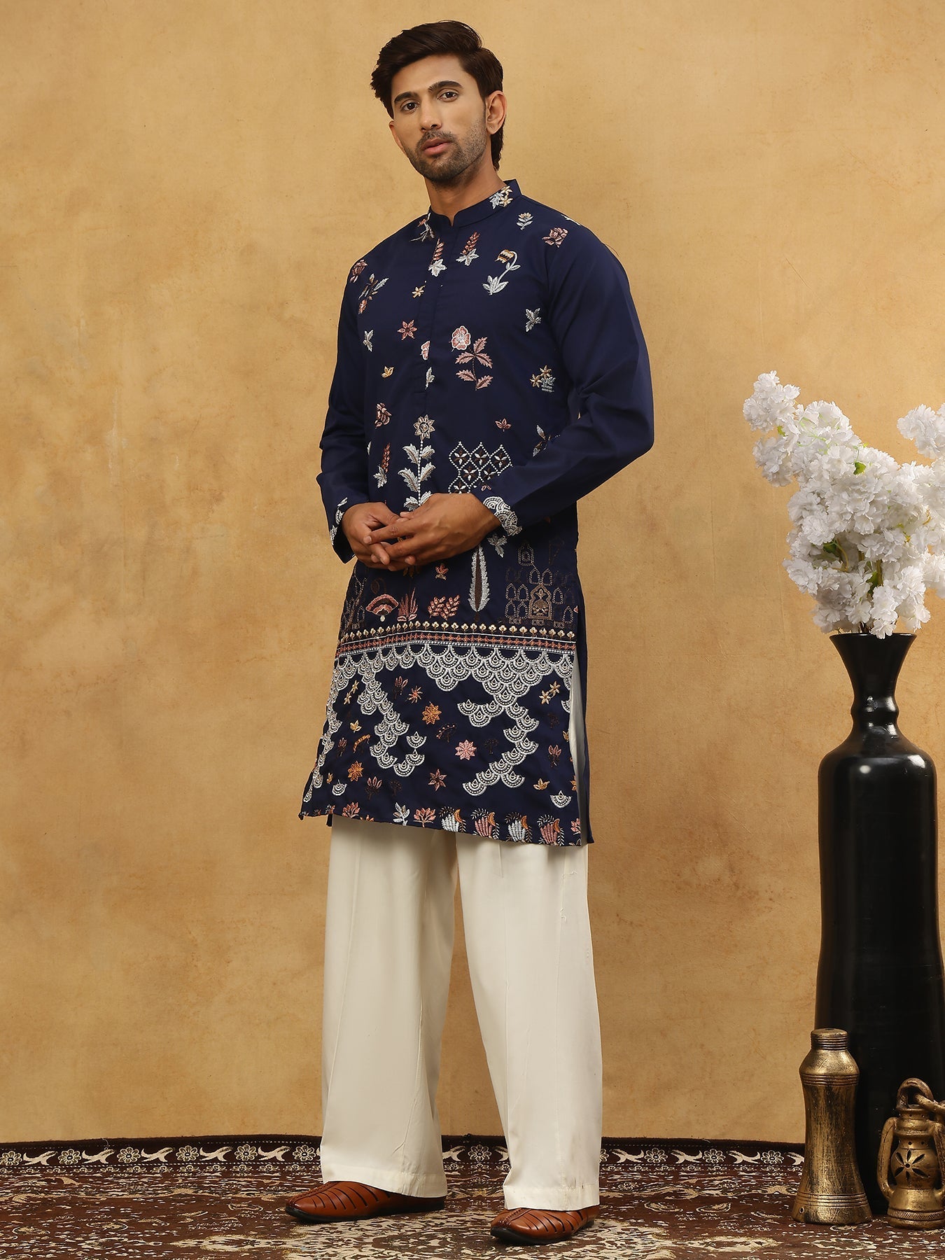 DesiQlo Men Embroidered Kurta Pyjama Set - Blue - JOKP_PJ11W_5140Navy_