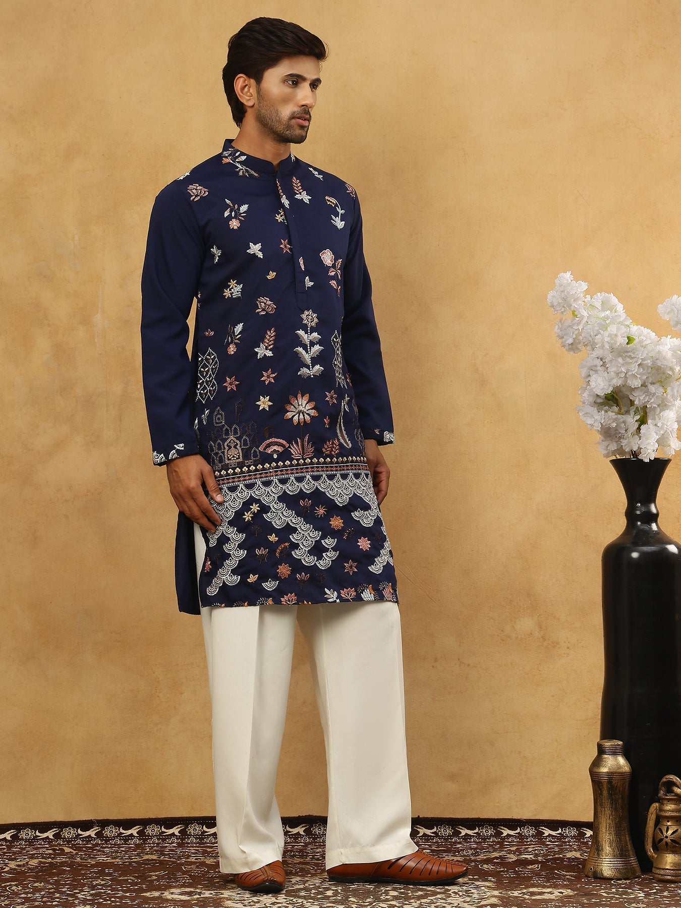 DesiQlo Men Embroidered Kurta Pyjama Set - Blue - JOKP_PJ11W_5140Navy_