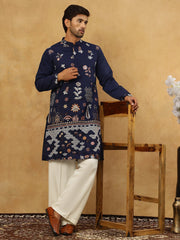 Silk Blend Floral Embroidered Kurta Pyjama Set ( JOKP PJ11W 5140Navy )