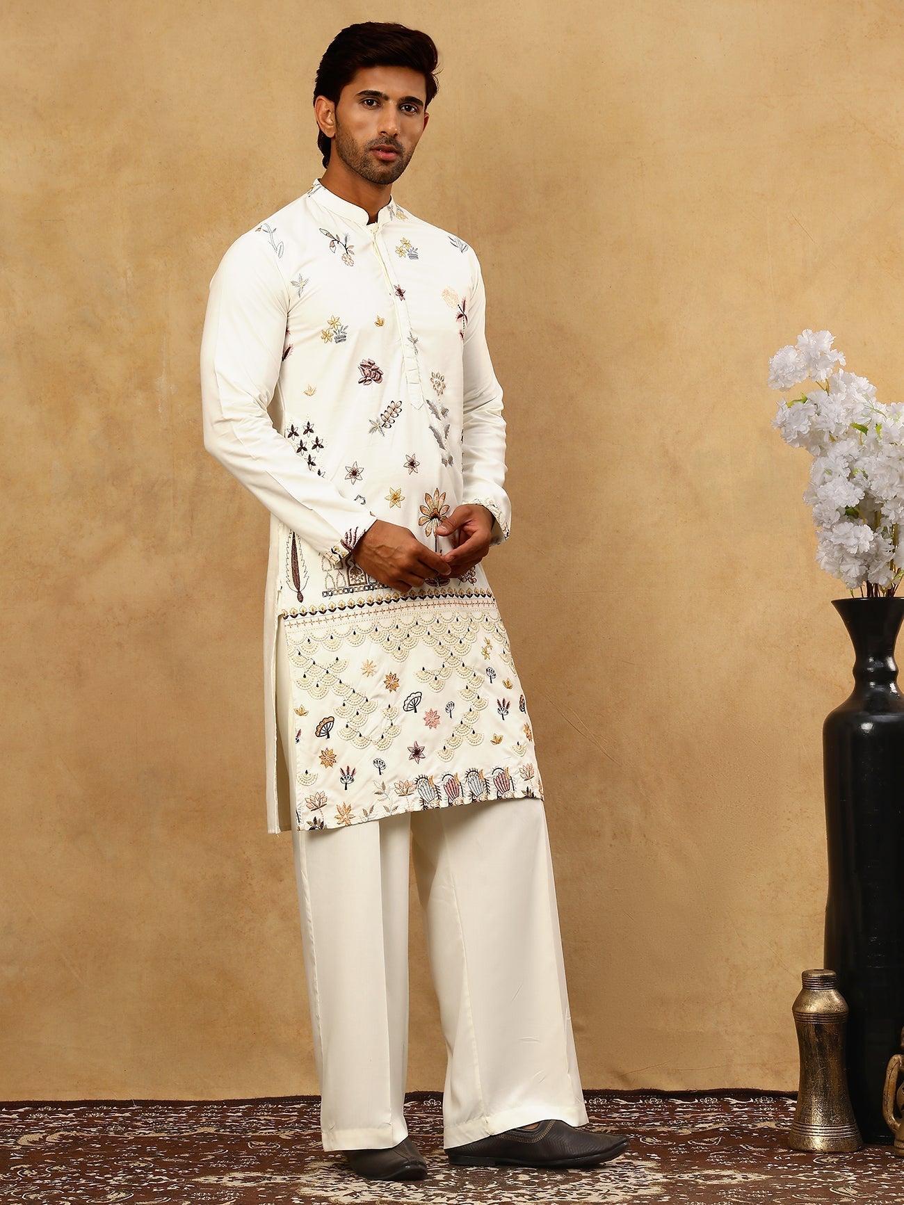 DesiQlo Men Embroidered Kurta Pyjama Set - White - JOKP_PJ11W_5140Whit