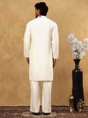 Silk Blend Floral Embroidered Kurta Pyjama Set ( JOKP PJ11W 5140White )