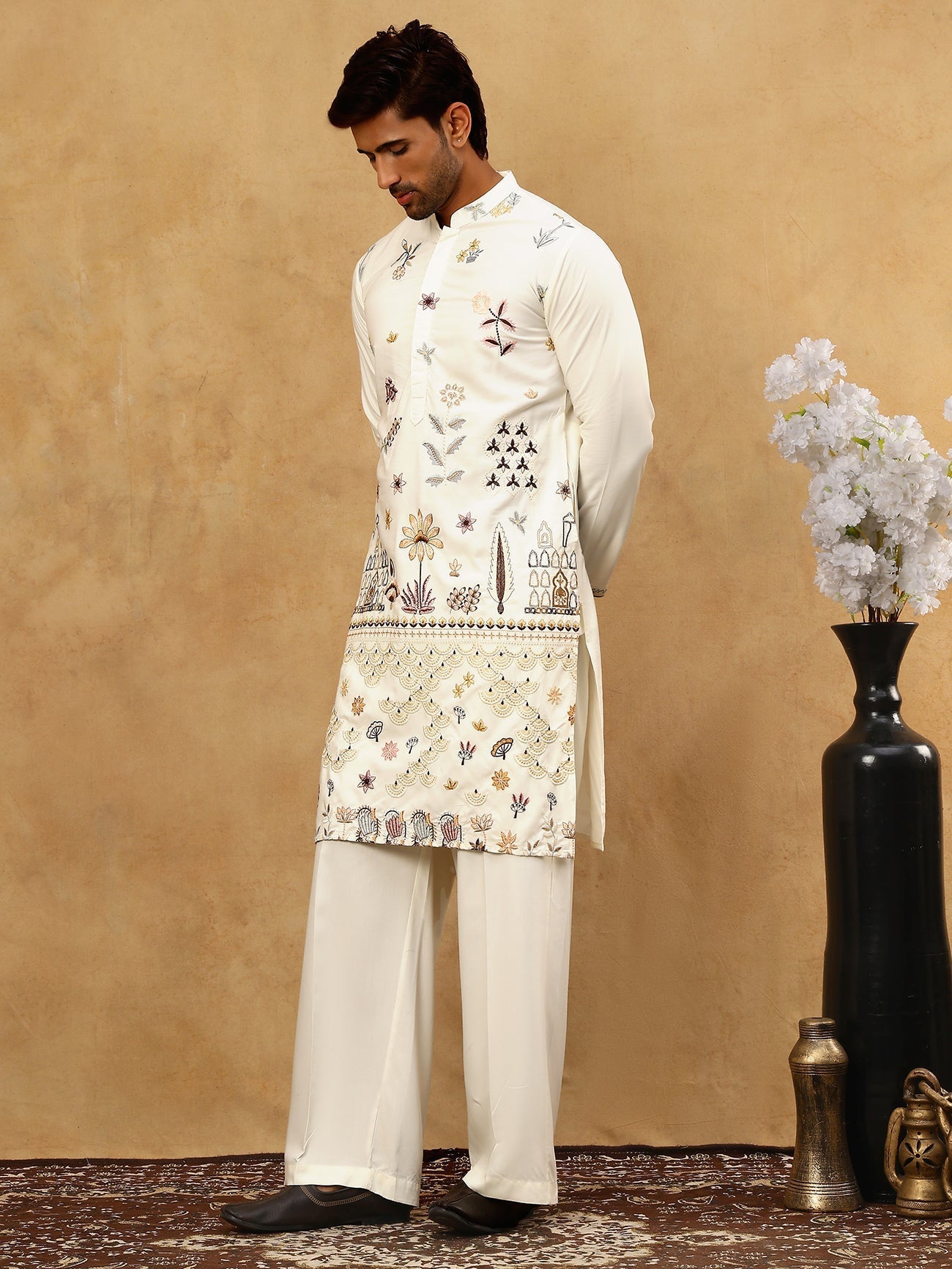 DesiQlo Men Embroidered Kurta Pyjama Set - White - JOKP_PJ11W_5140Whit