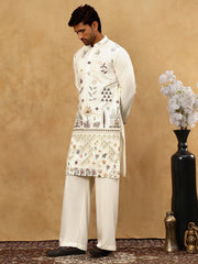 Silk Blend Floral Embroidered Kurta Pyjama Set ( JOKP PJ11W 5140White )