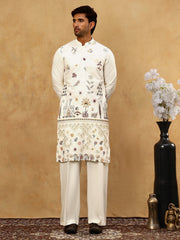 Silk Blend Floral Embroidered Kurta Pyjama Set ( JOKP PJ11W 5140White )