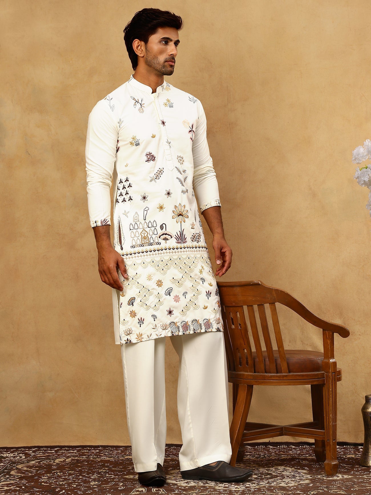 DesiQlo Men Embroidered Kurta Pyjama Set - White - JOKP_PJ11W_5140Whit