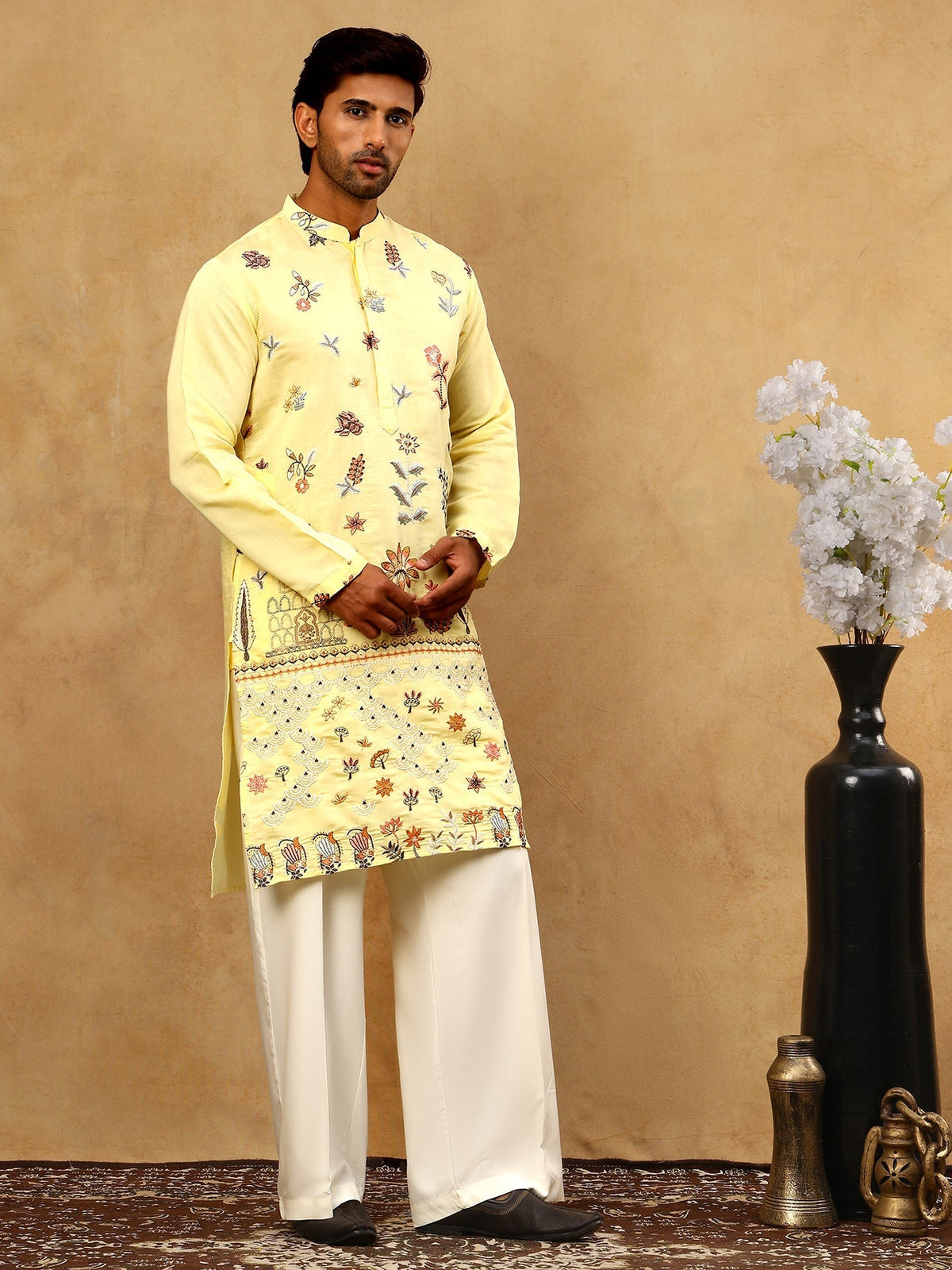 Silk Blend Floral Embroidered Kurta Pyjama Set ( JOKP PJ11W 5140Yellow )