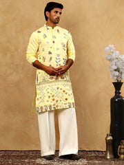 Silk Blend Floral Embroidered Kurta Pyjama Set ( JOKP PJ11W 5140Yellow )