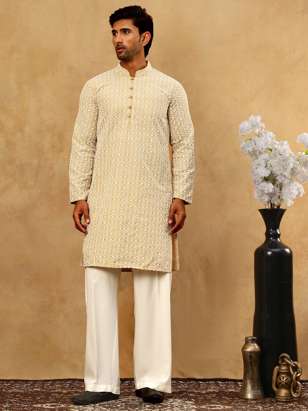 DesiQlo Men Embroidered Kurta Pyjama Set - Beige - JOKP_PJ11W_626Beige