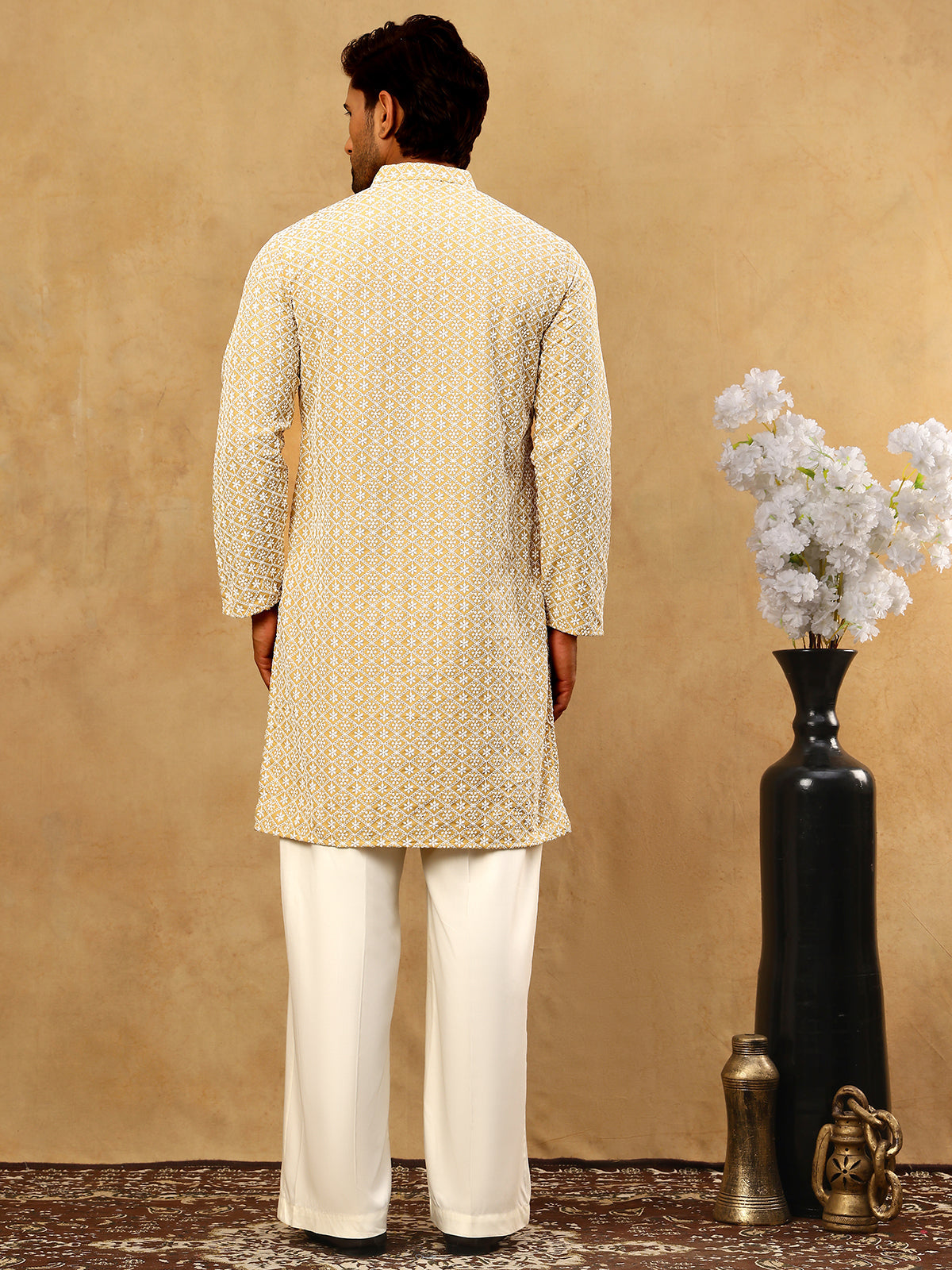 DesiQlo Men Embroidered Kurta Pyjama Set - Beige - JOKP_PJ11W_626Beige