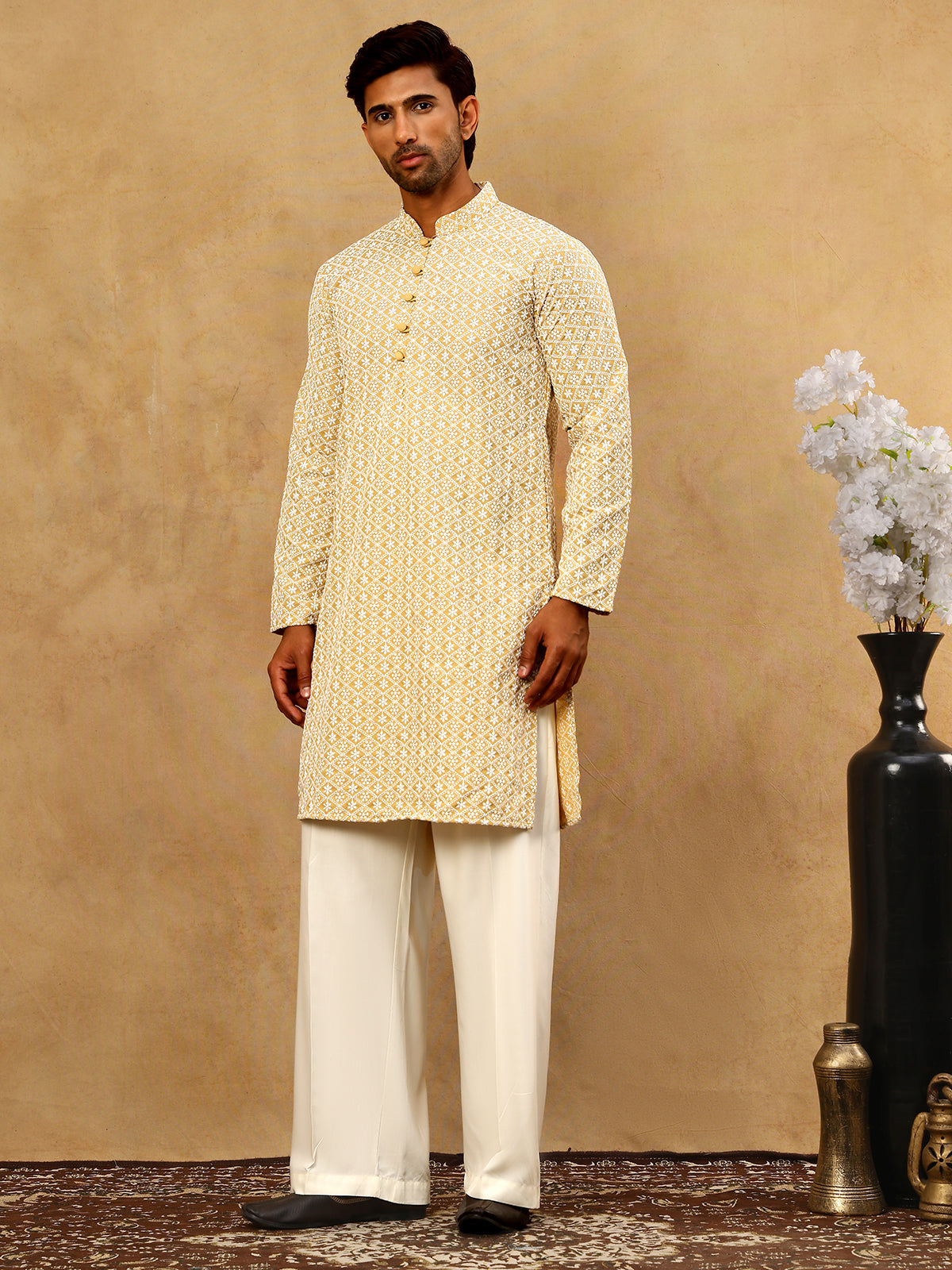DesiQlo Men Embroidered Kurta Pyjama Set - Beige - JOKP_PJ11W_626Beige